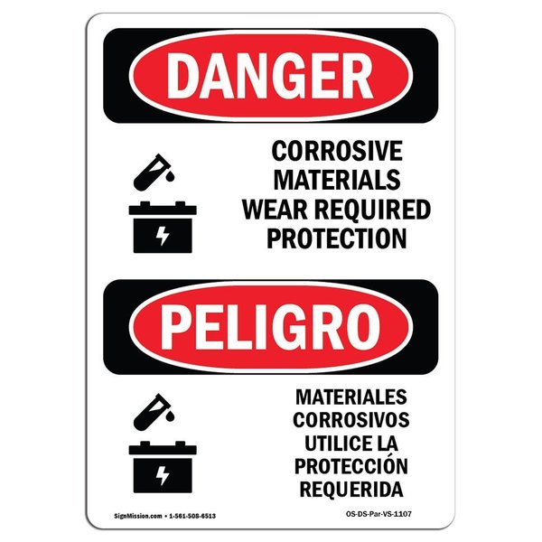 Signmission Safety Sign, OSHA Danger, 10" Height, Rigid Plastic, Corrosive Materials Bilingual Spanish OS-DS-P-710-VS-1107